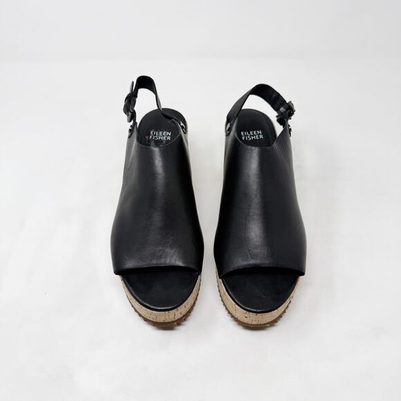 [Eileen Fisher] Black Leather Open Toe Ankle Strap Wedge Flatform Sandals Size 8 - Picture 2 of 11